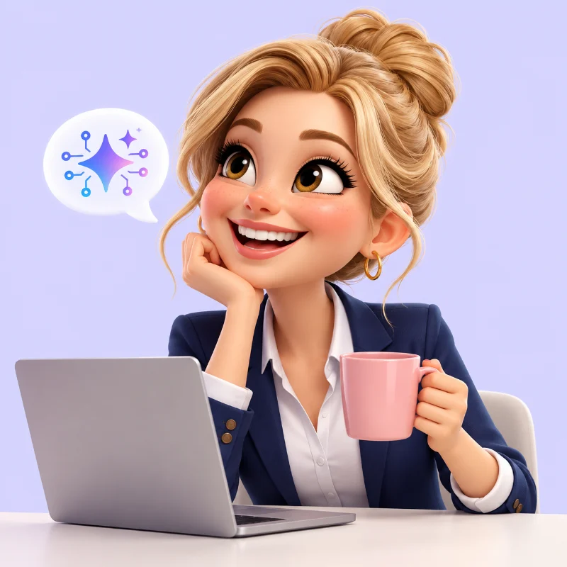 Monika – pracownica biurowa przy laptopie z kubkiem kawy